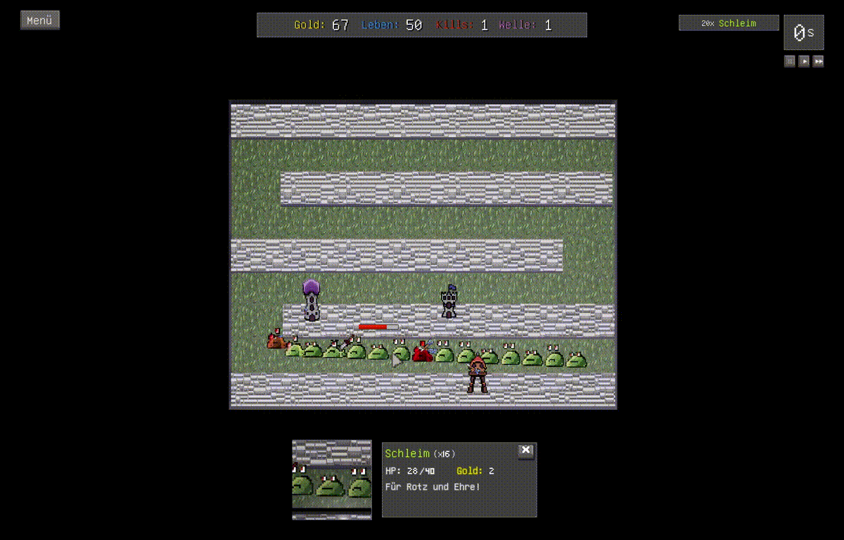 Ryus TD Static - Tower defense game screenshot with green slime enemies, stats on top, characters attacking.