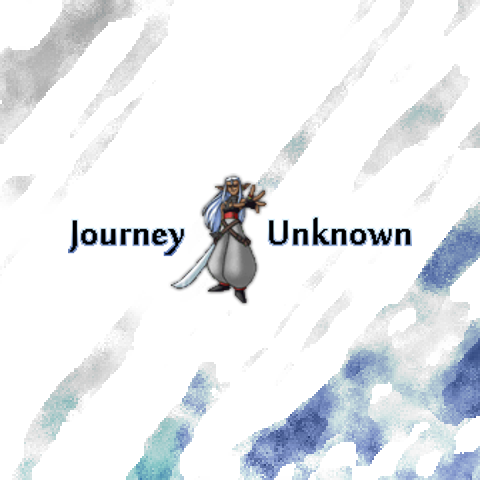 Journey - Fantasy warrior with long white hair and sword, 'Journey Unknown' title in background.