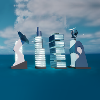 VertiFarm - Futuristic artistic towers rising from water, with sleek and modern architecture.