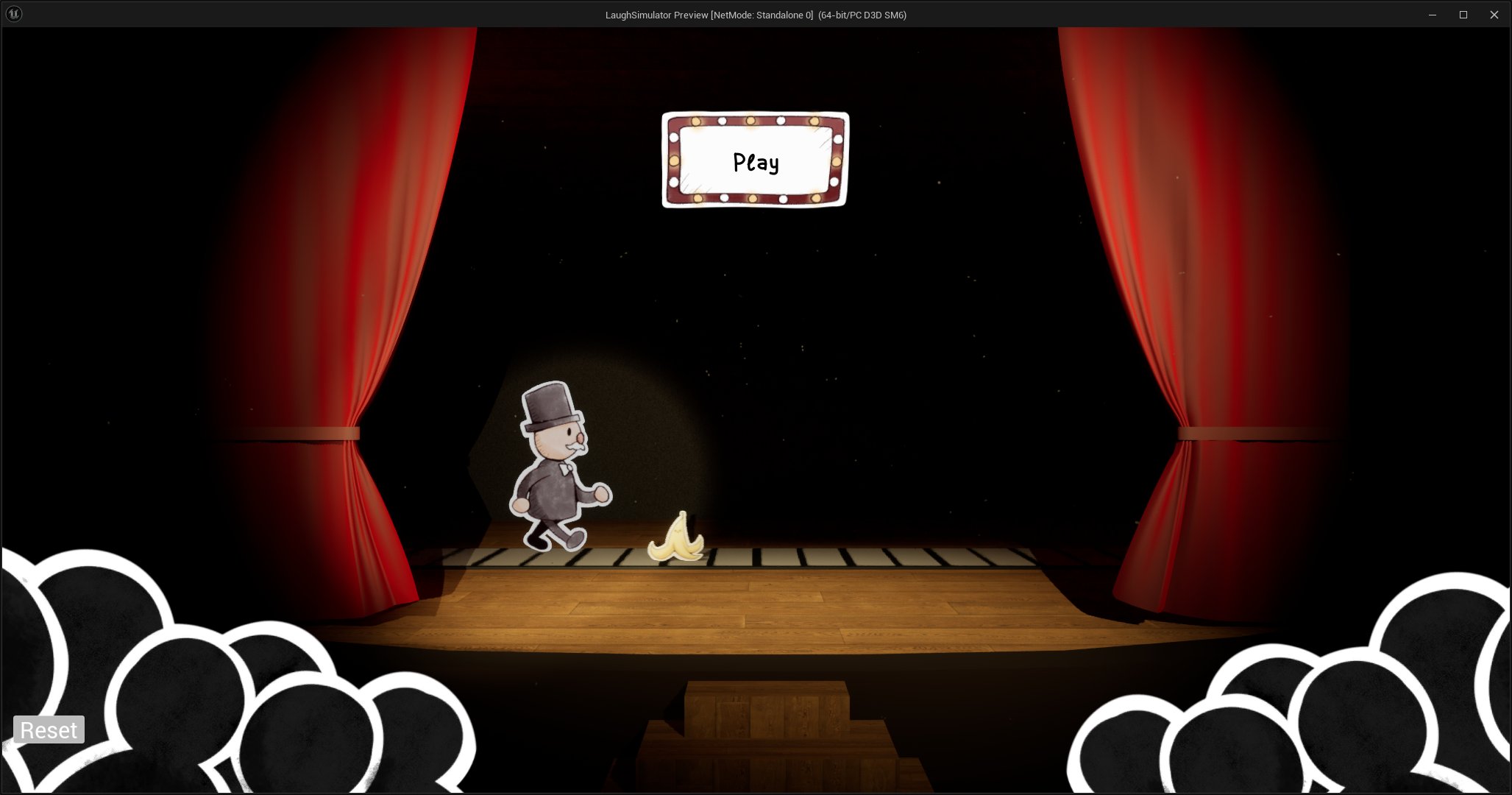 Treadmill Theater - Cartoon man with top hat on stage next to banana peel, red curtain behind.